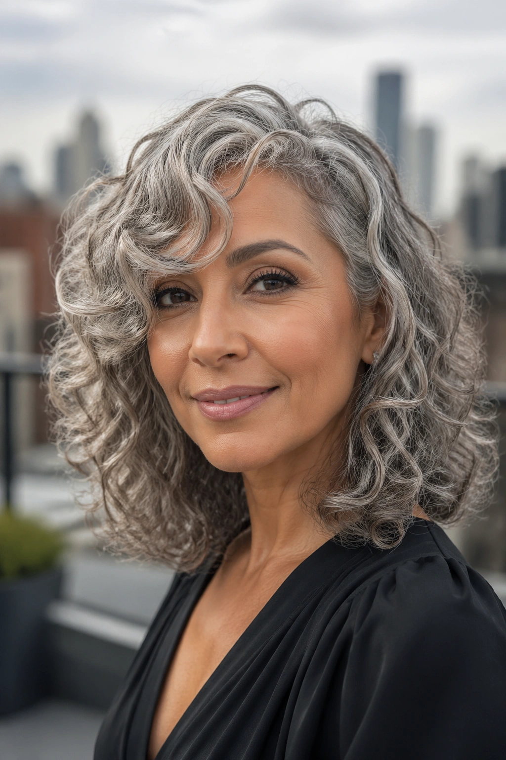 Portrait of person with grey lob and curly side bangs