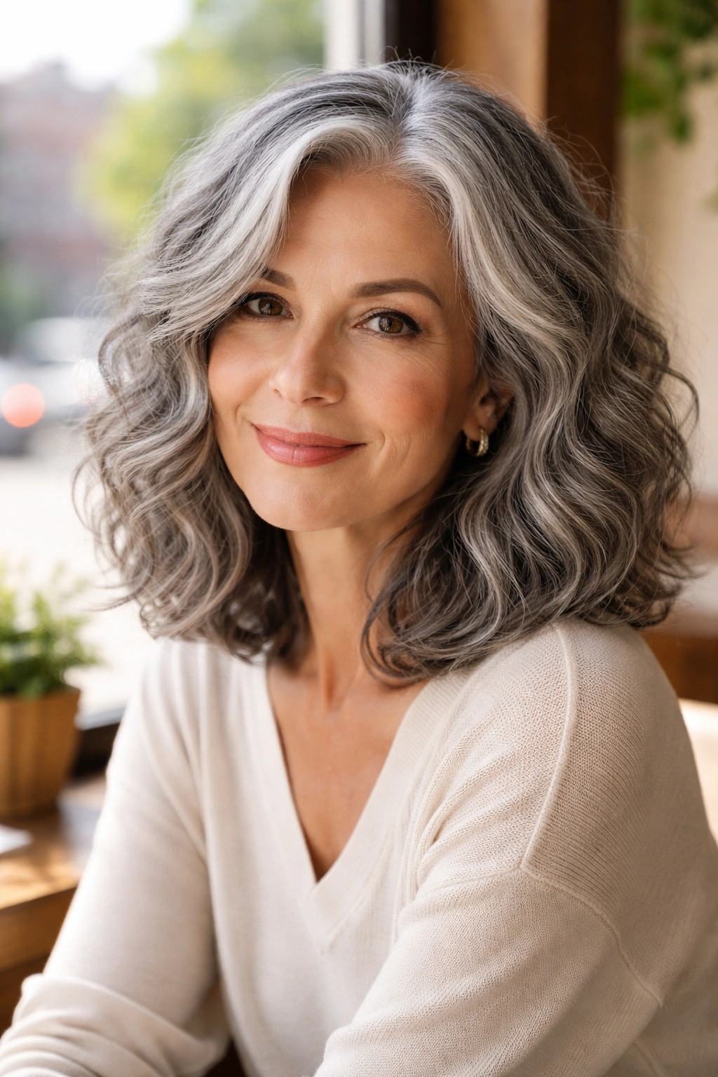 Close-up portrait of a real woman with a grey long bob hairstyle