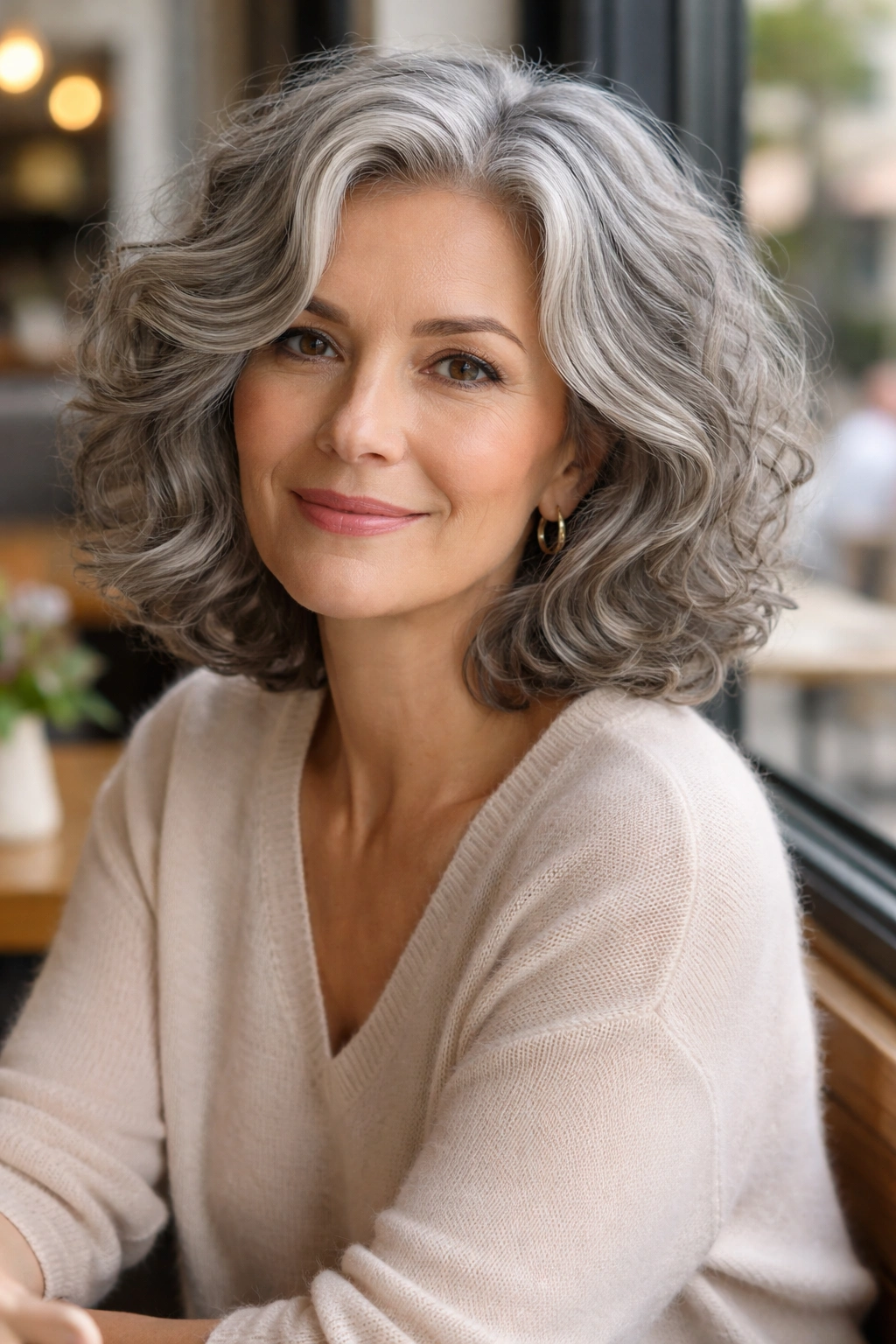 Close-up portrait of a real woman with a grey lob hairstyle in cafe-window light