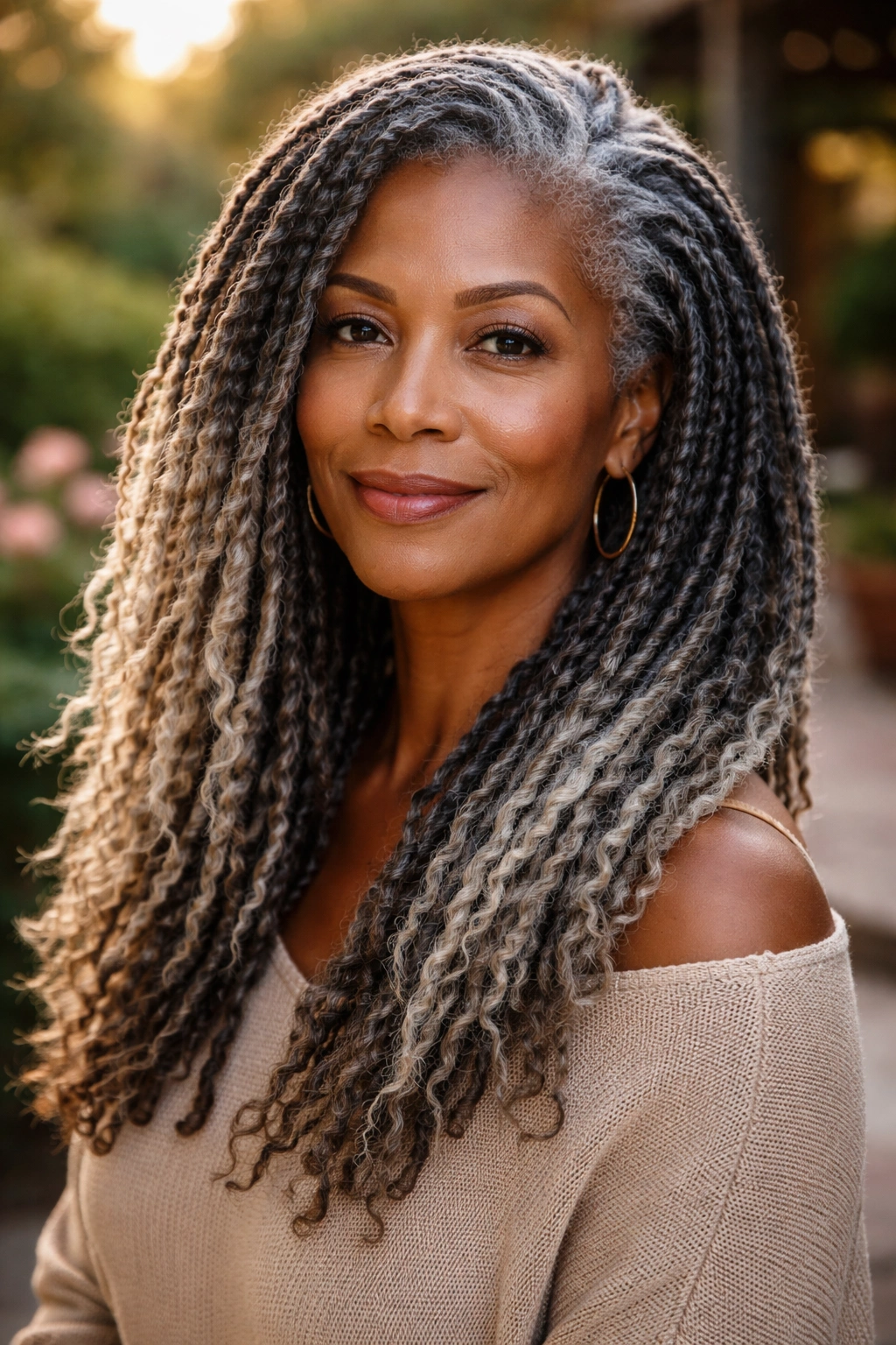 Close-up portrait of a real woman with grey locs and natural ombré lighting