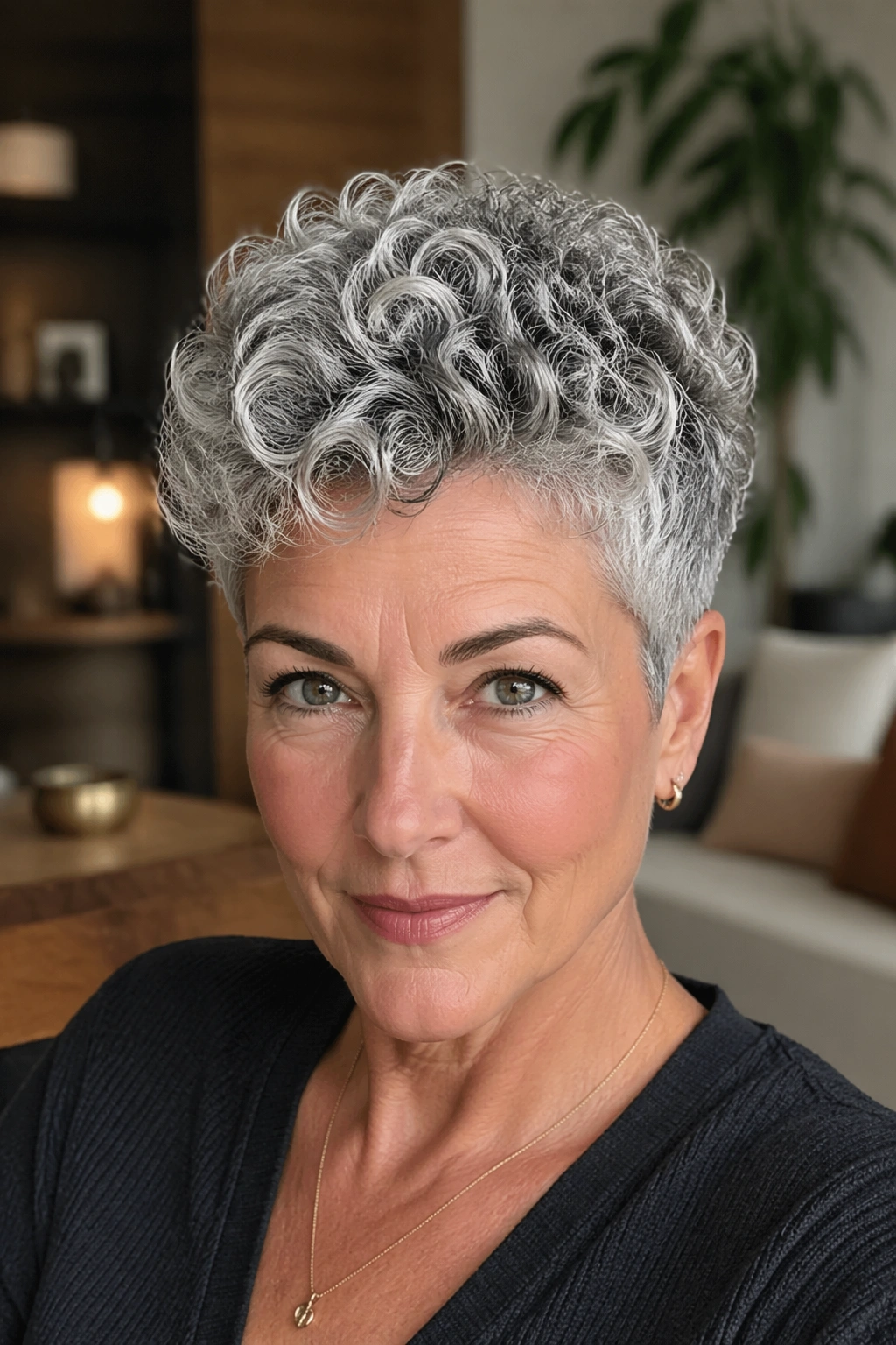 Real woman with grey pixie curls, bold features, soft indoor lighting.