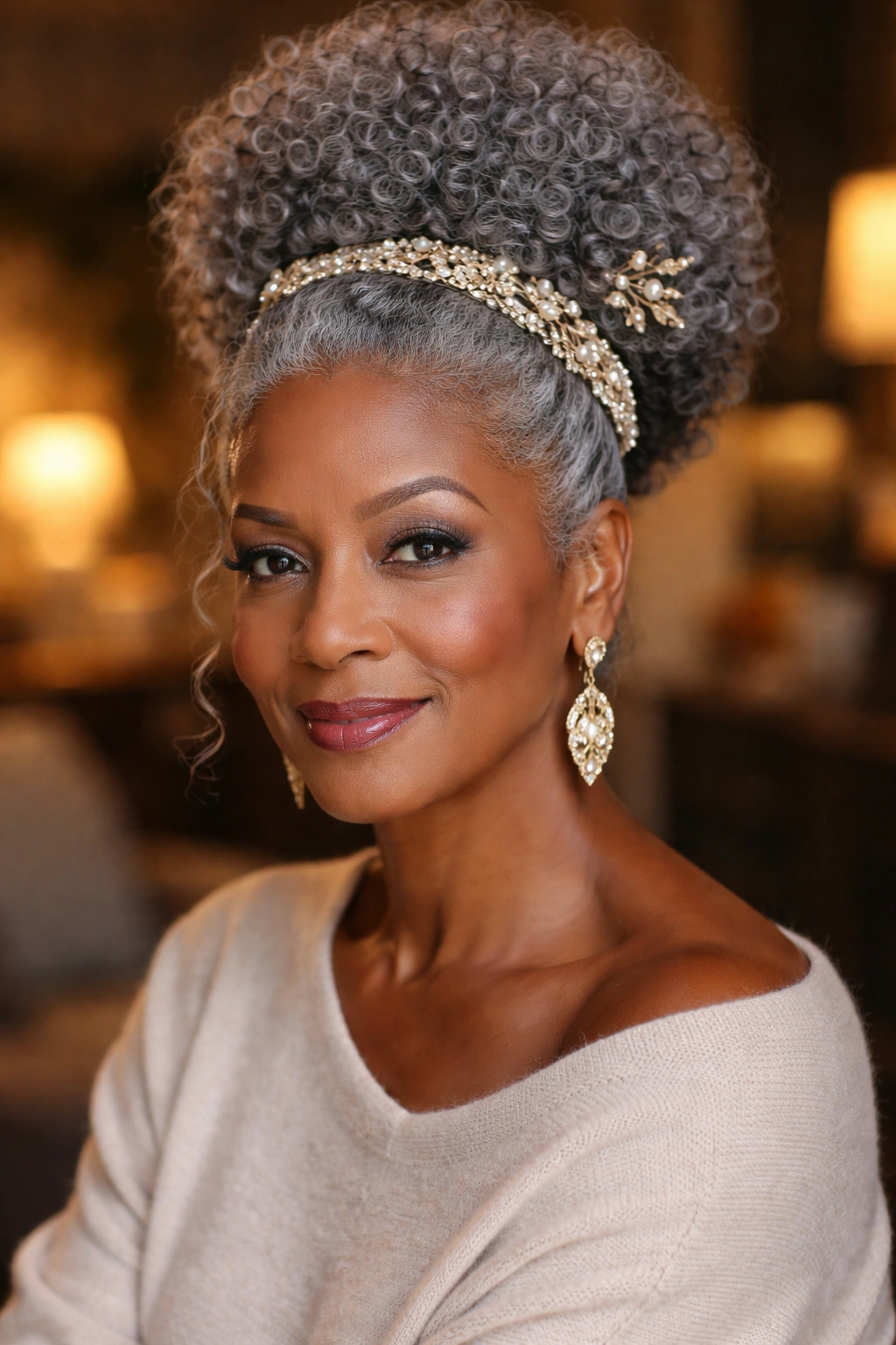 Close-up portrait of a real woman with a grey curly puff and hair accessories