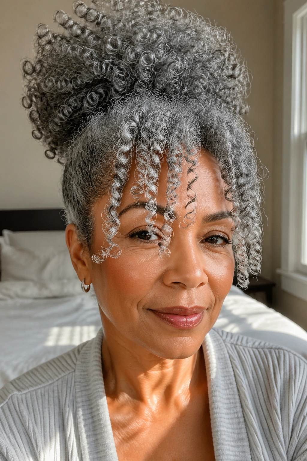 Close-up of person with grey high puff and front curls