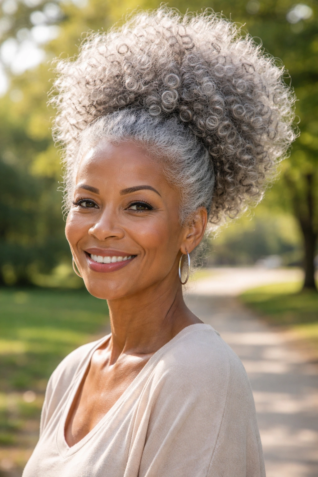Close-up of a real woman with a bold grey puff in outdoor daylight