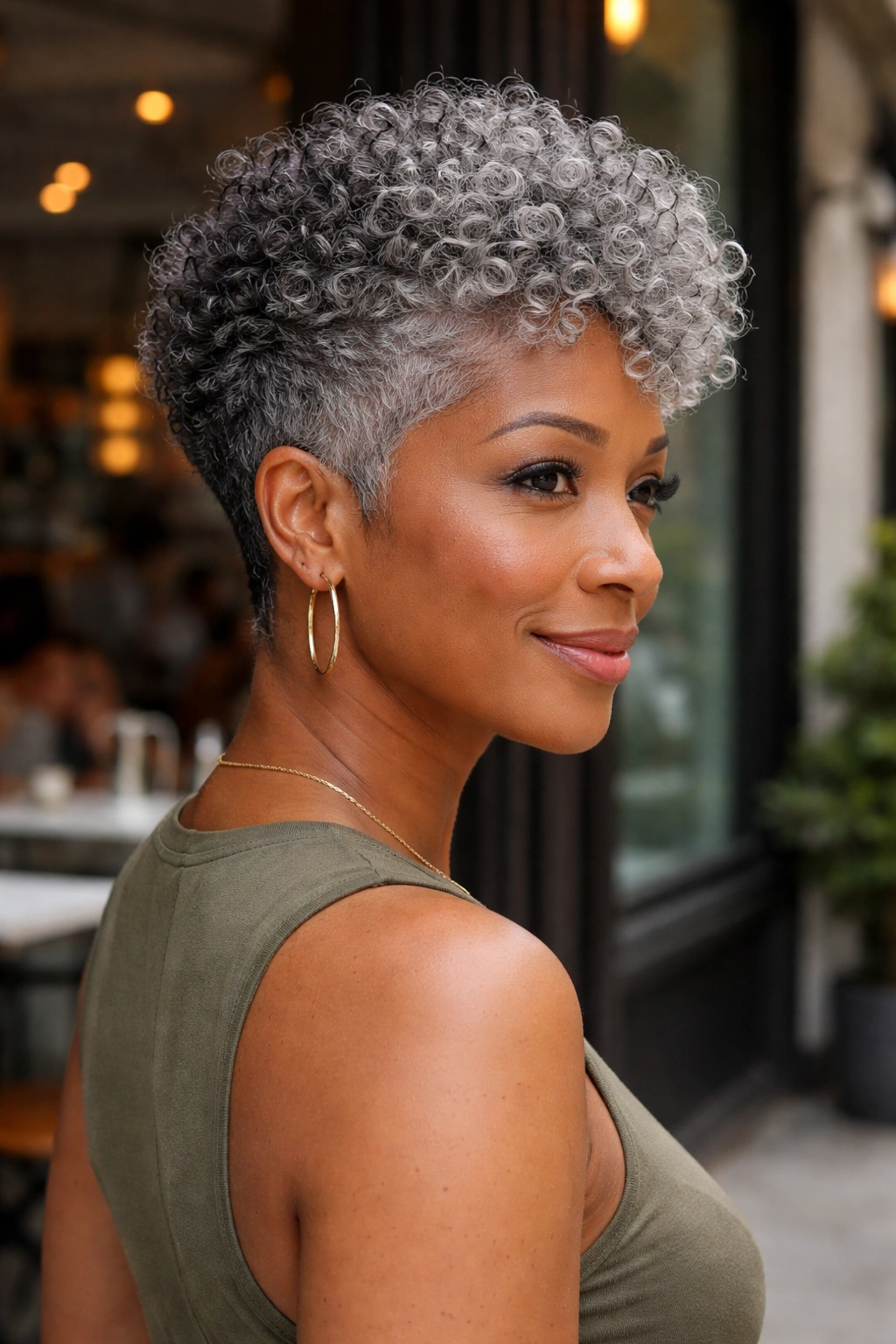 Close-up of a real woman with a grey tapered cut.