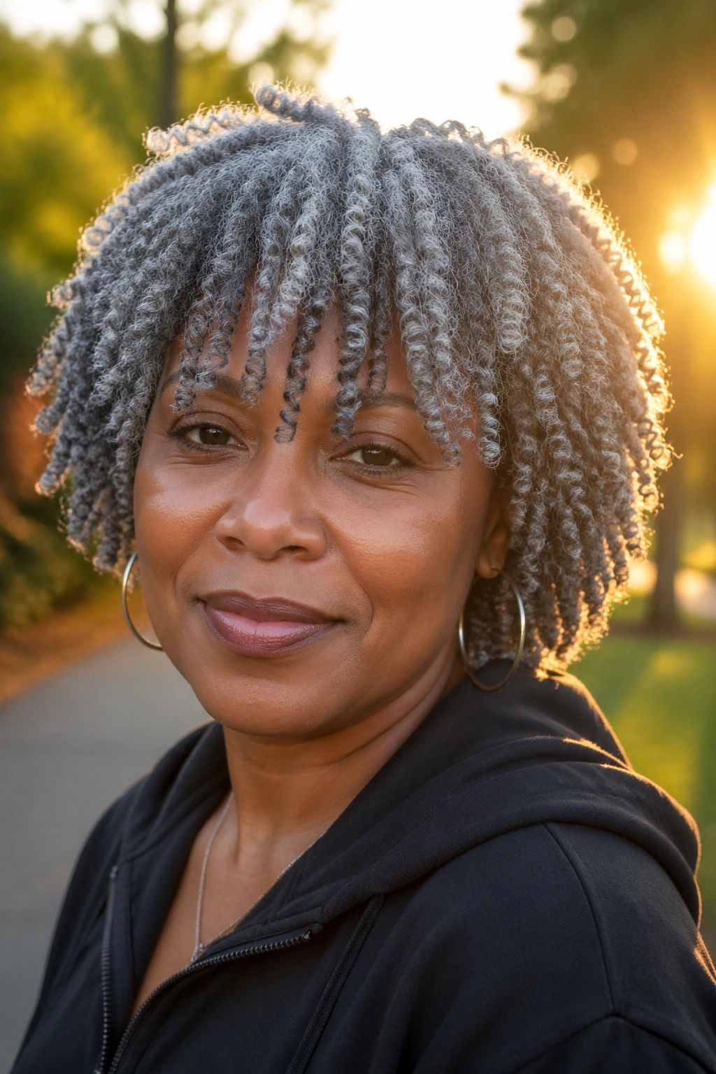 Close-up of a woman with a full grey twist-out and forward-falling bang.