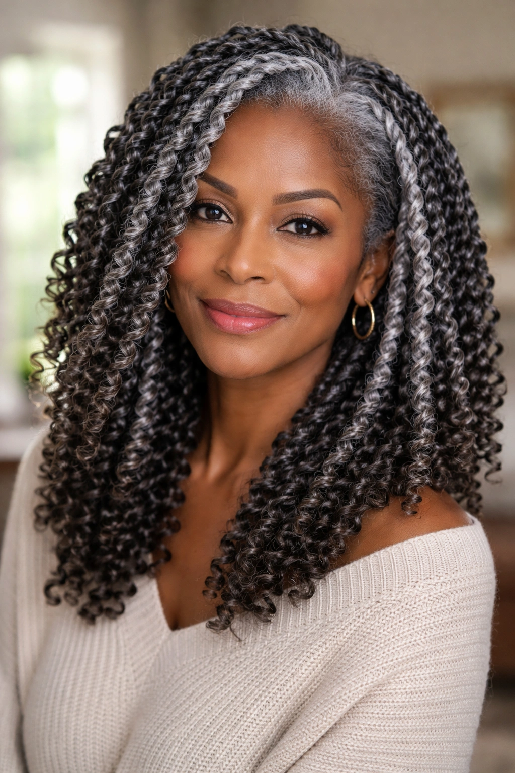 Close-up of a real woman with grey twist-out curls