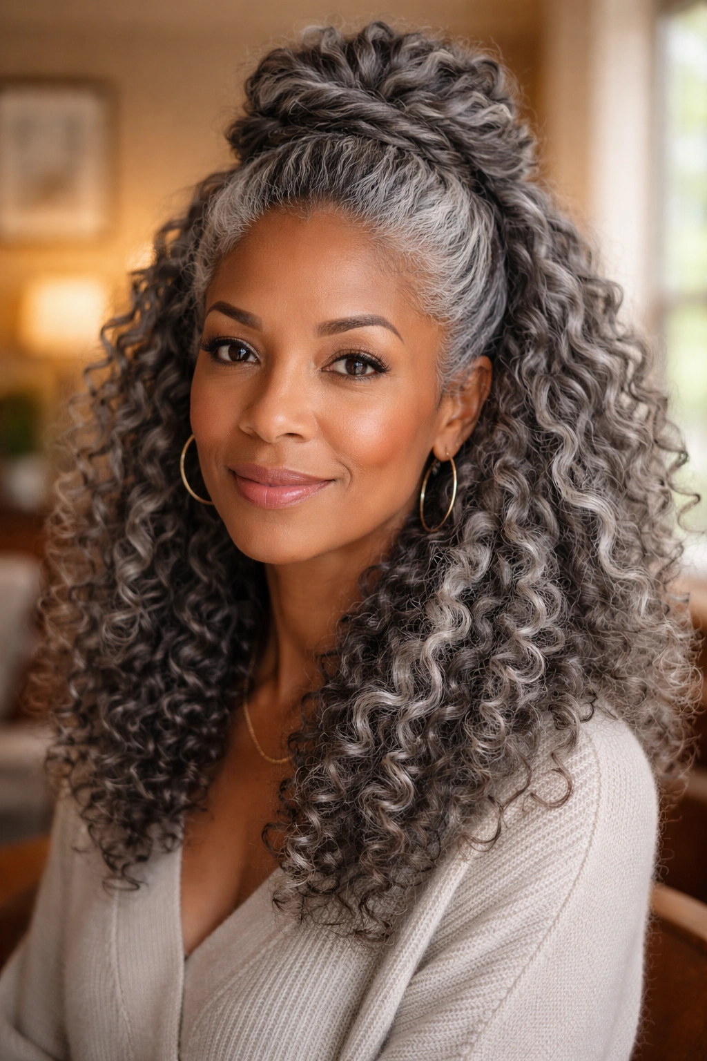 Portrait of woman with half-up grey twist-out