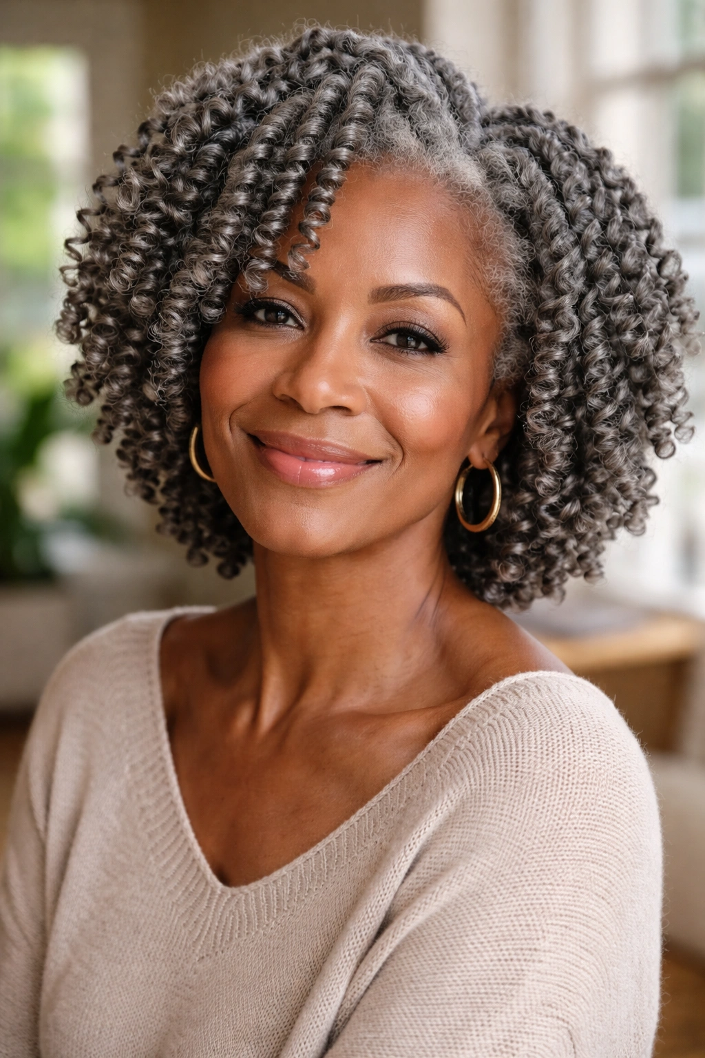 Close-up portrait of a real woman with a defined grey twist-out in natural light