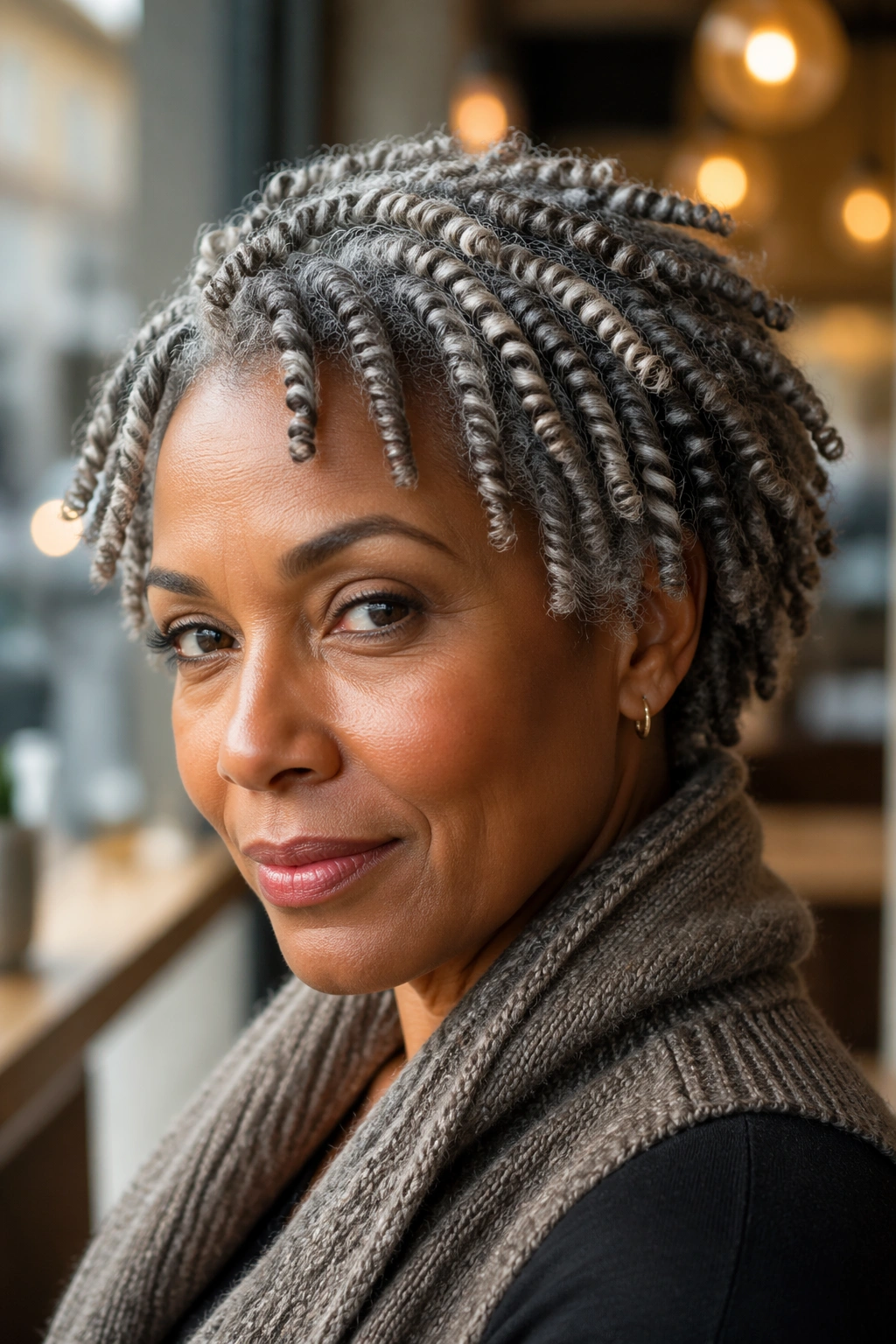 Close-up of a real woman with short grey curls in two-strand twists