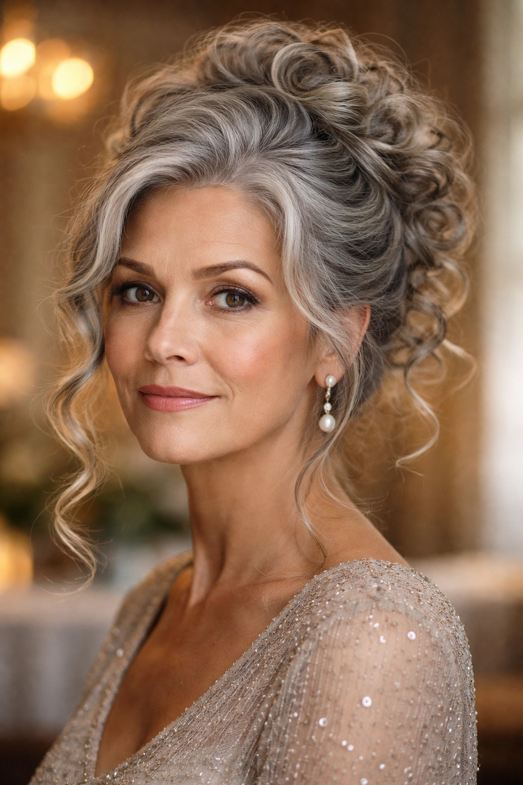 Portrait of a woman in a grey curly updo with loose curls framing the face.