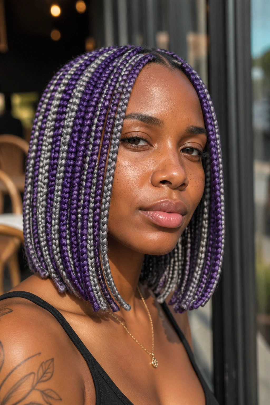 Close-up of a real person with alternating grey and violet braids in a shoulder-length bob.