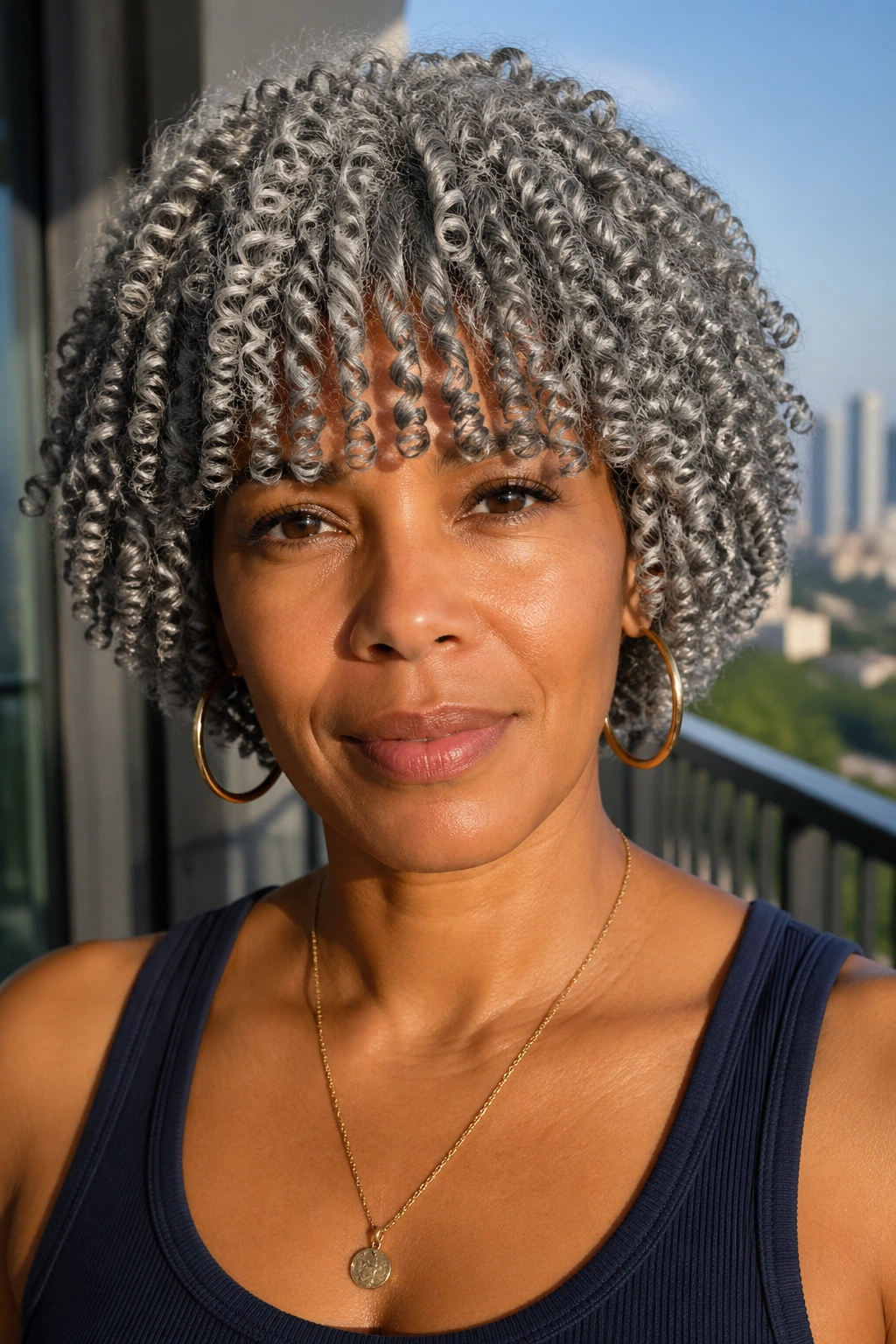 Close-up of a woman with grey curls and defined bangs in a wash-and-go style.
