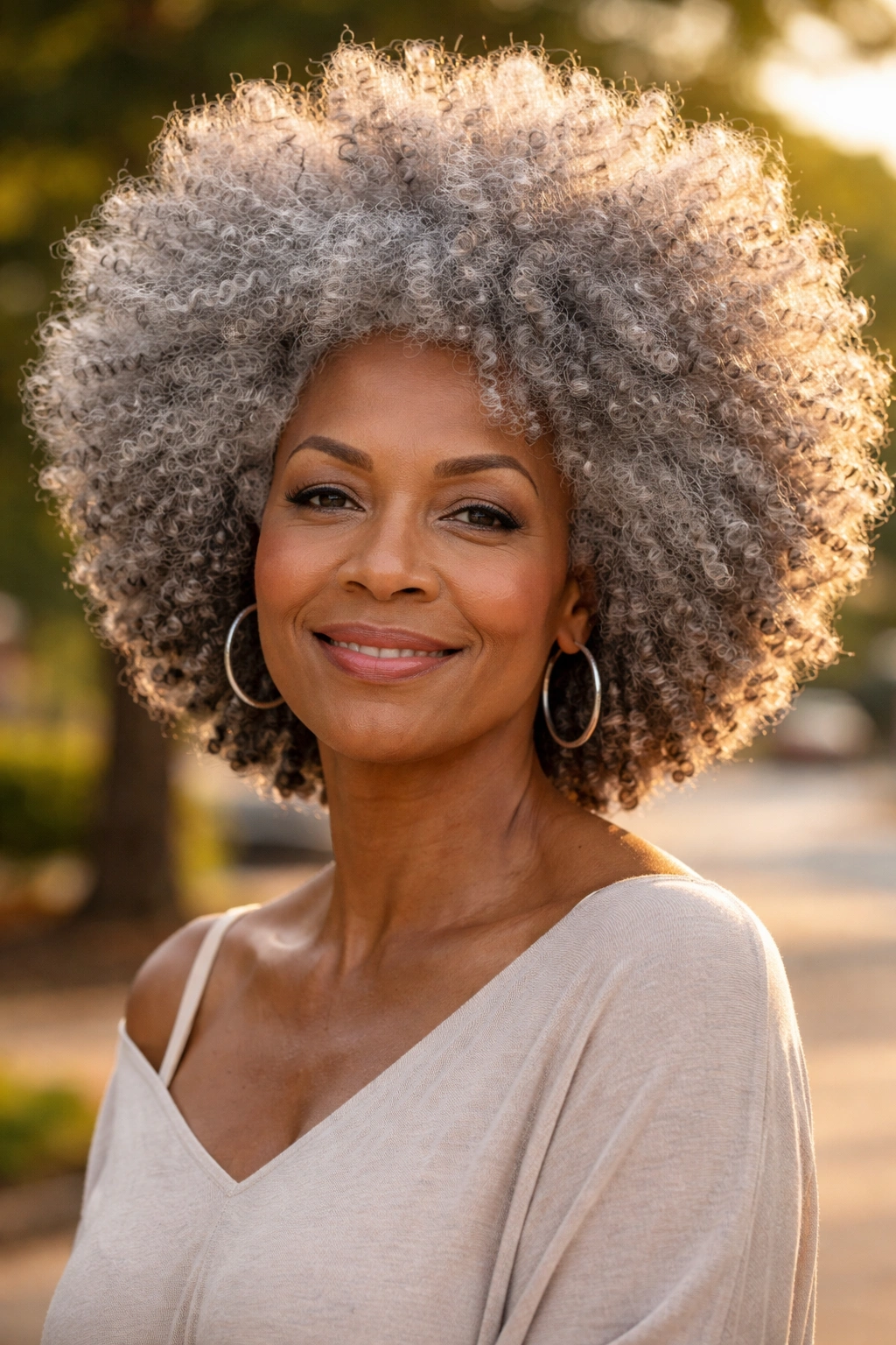 Portrait of a real woman with a voluminous grey afro