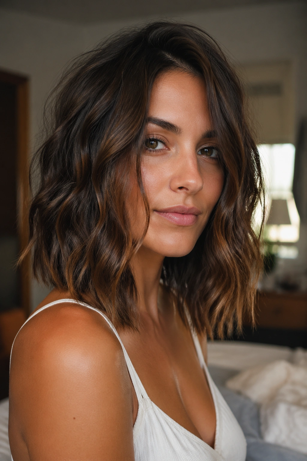 Close-up of a woman with gritty textured lob waves in warm natural light