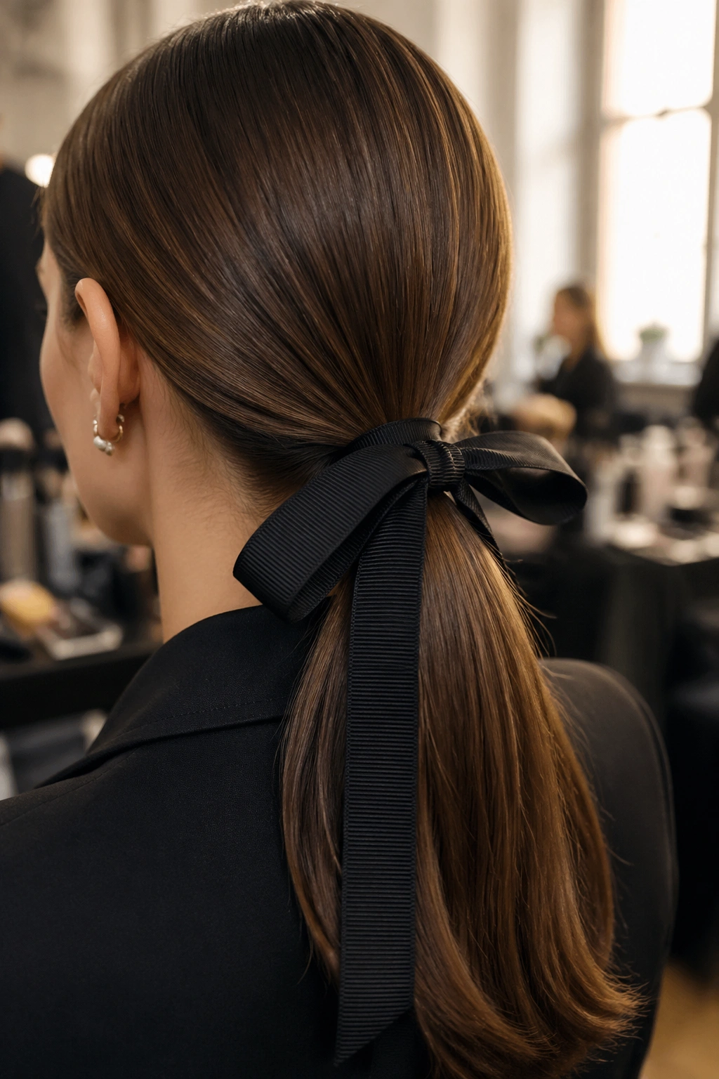 Close-up of a low ponytail wrapped with a crisp grosgrain ribbon showing ribbed texture.