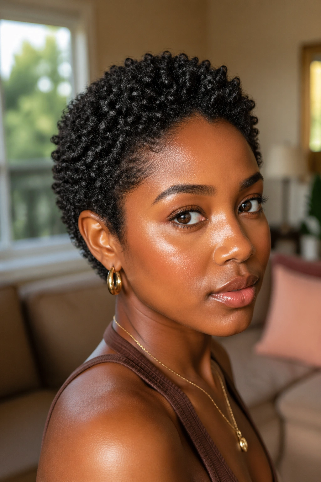 Close-up portrait of a real person with growing-out TWA and Jerry Curl-inspired coils.