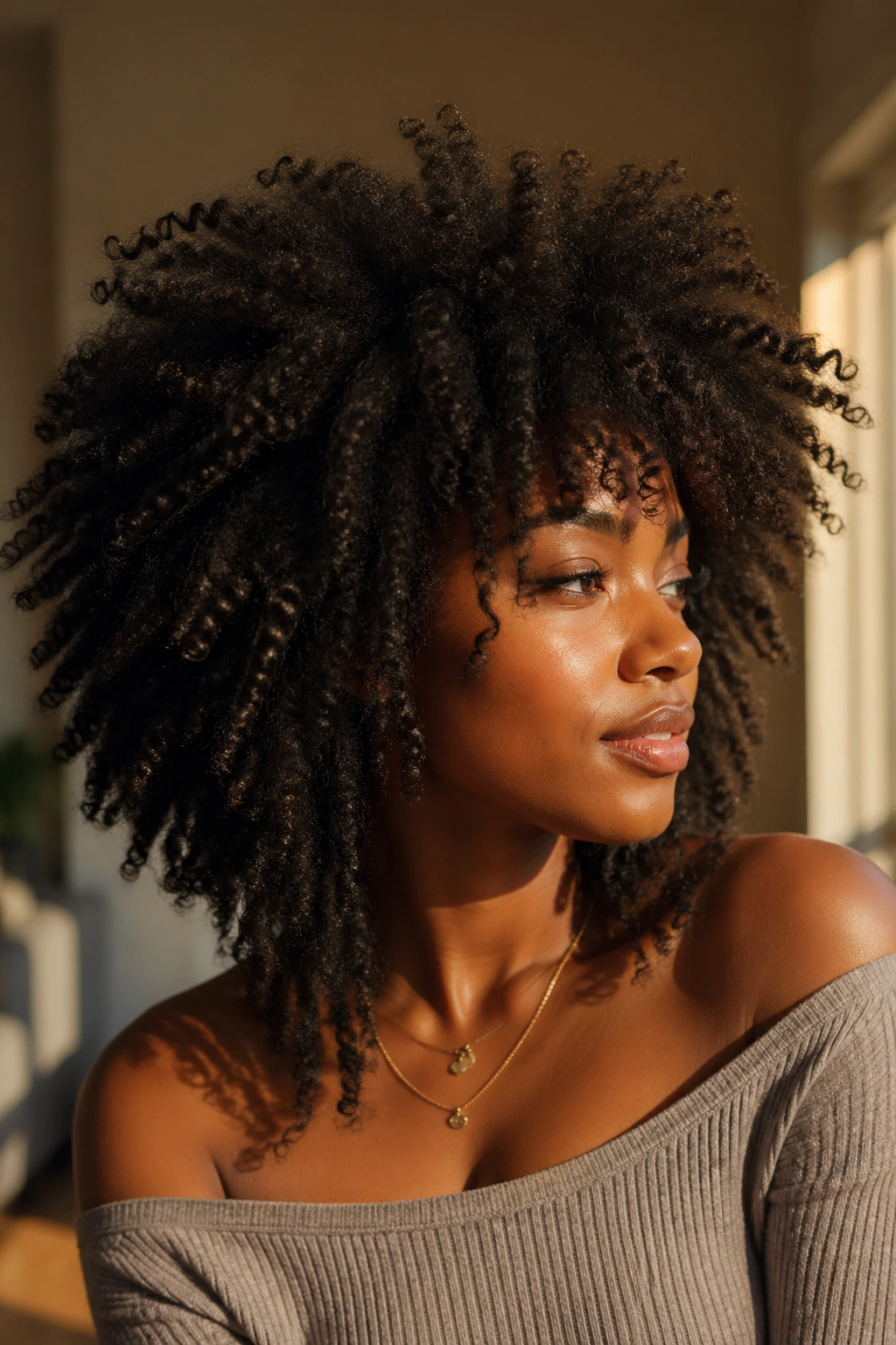 Close-up of a real woman with a long grown-out afro