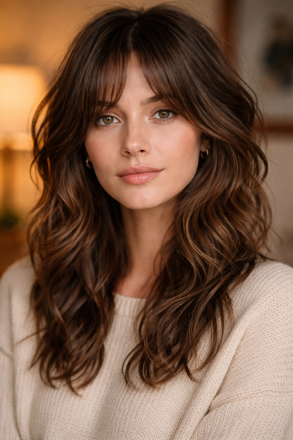 Close-up of a real person with grown-out bangs wolf cut in a cozy home setting