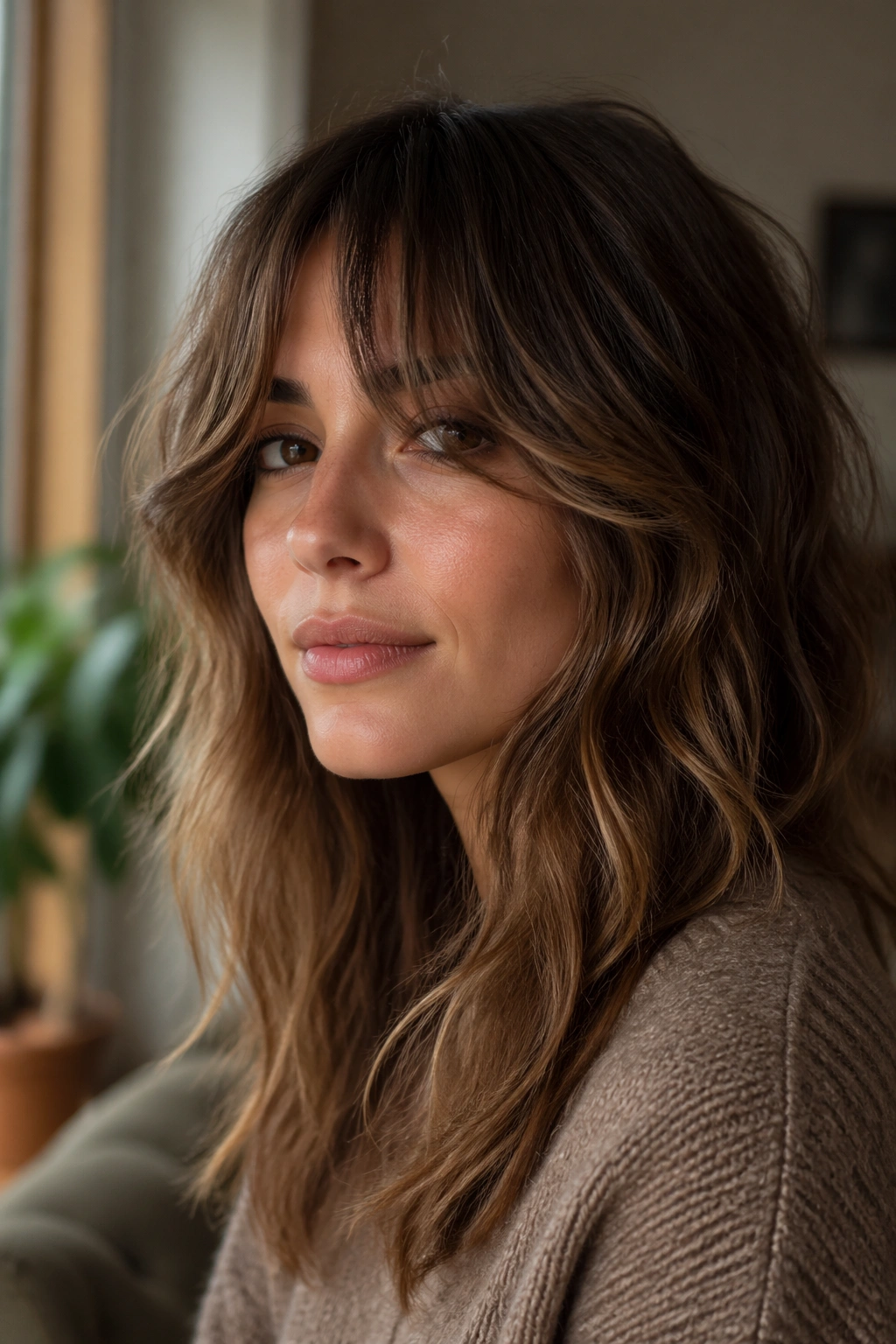 Close-up portrait of a real woman with grown-out bangs and face-framing pieces in warm daylight