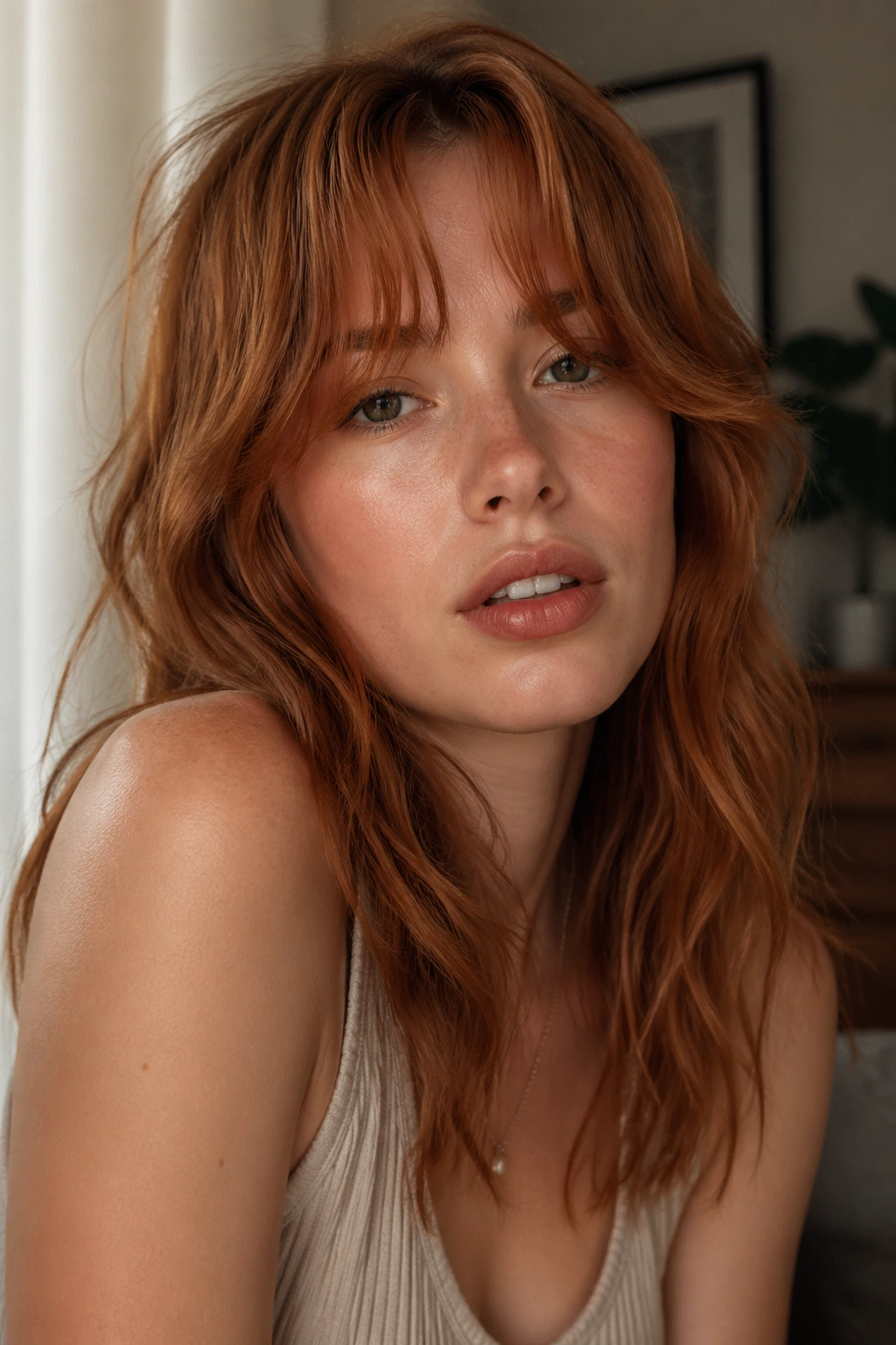 Close-up of a real person with grown-out bangs on red wavy hair