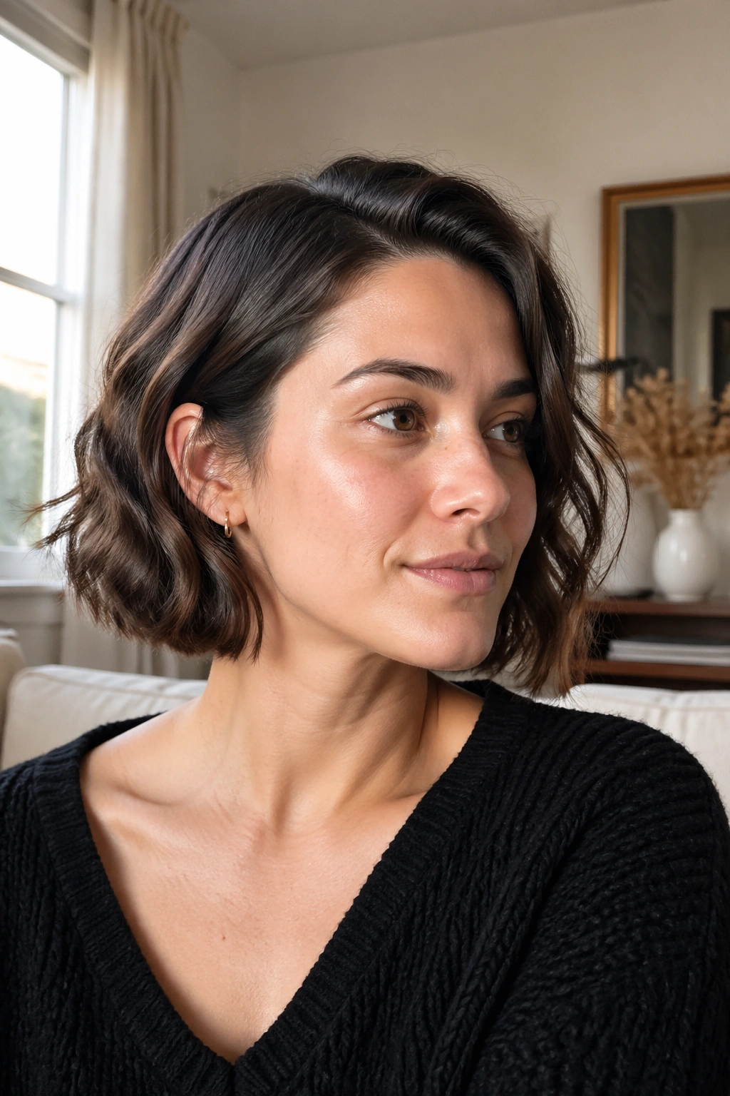 Close-up real-woman portrait with grown-out bob and tucked ends in a cozy room.