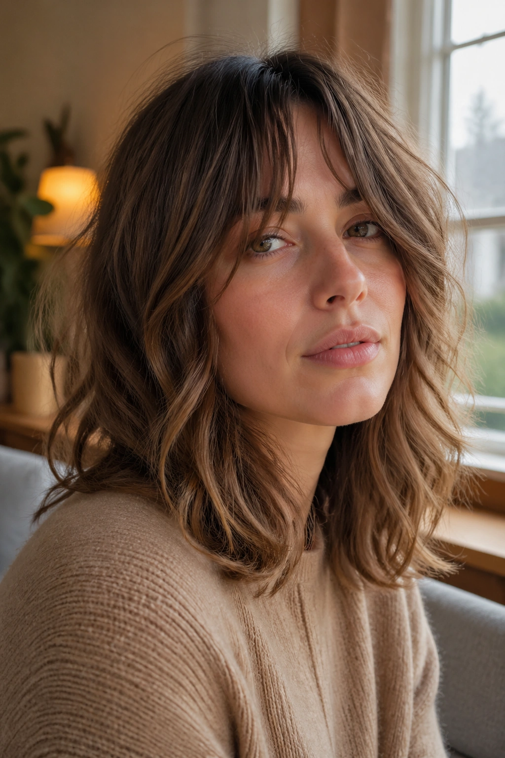 Close-up of a real woman with grown-out fringe shag and shoulder-length waves by a window
