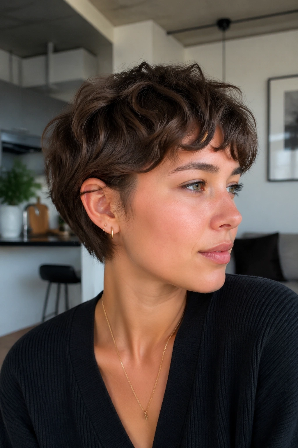 Head-and-shoulders portrait of a real woman with grown-out pixie bob
