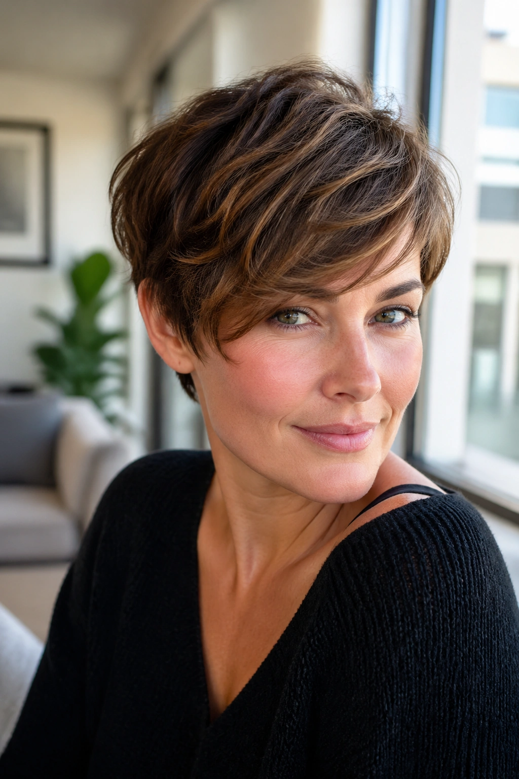 Real woman with a grown-out pixie and sweeping fringe