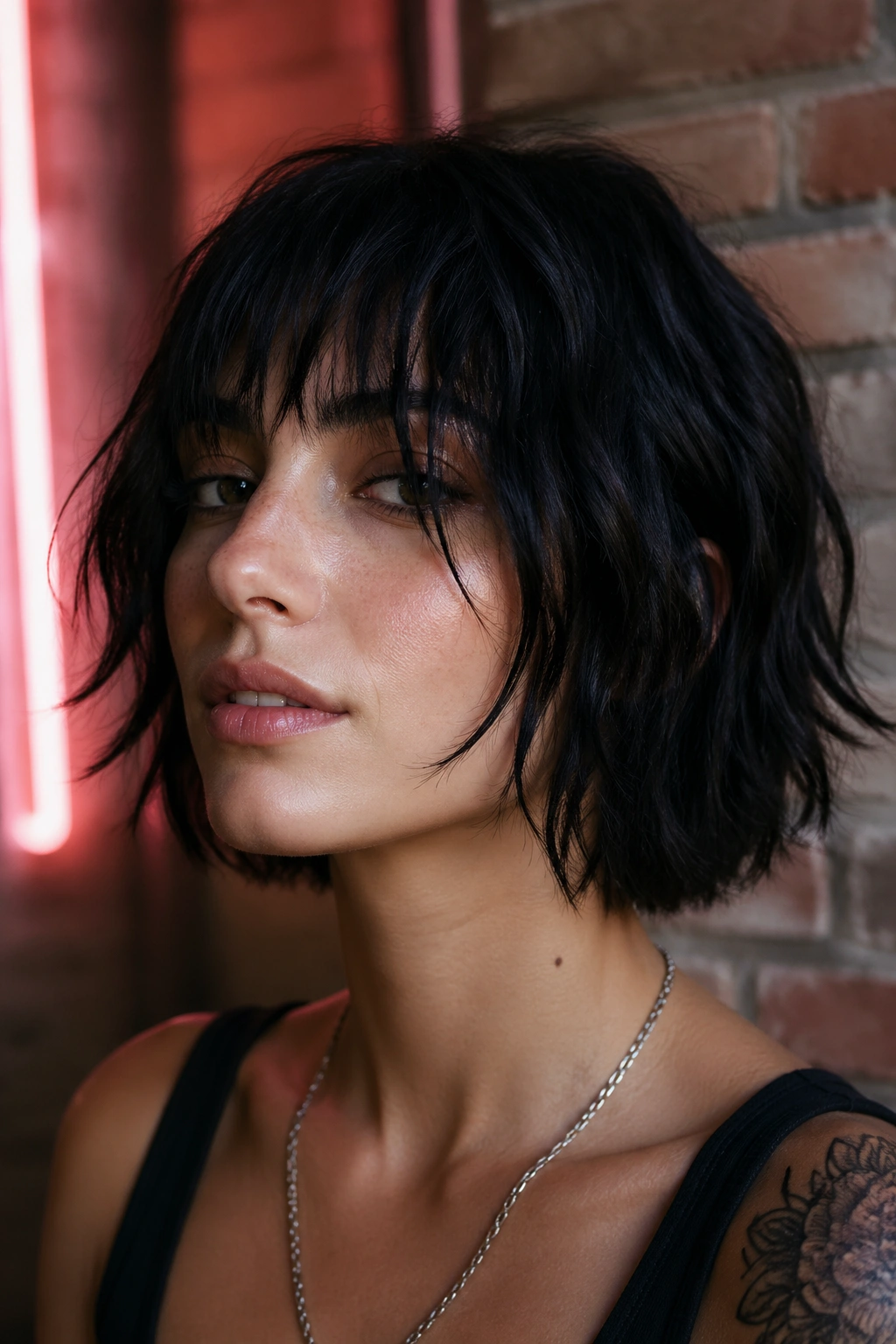 Portrait of a real person with choppy 90s grunge bob in moody urban setting.