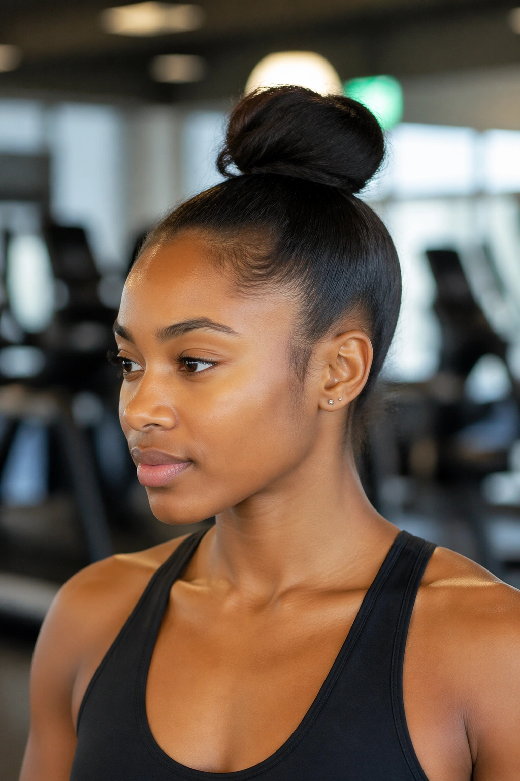 Close-up portrait of a real Black woman with a sweatproof high gym bun in a gym setting.