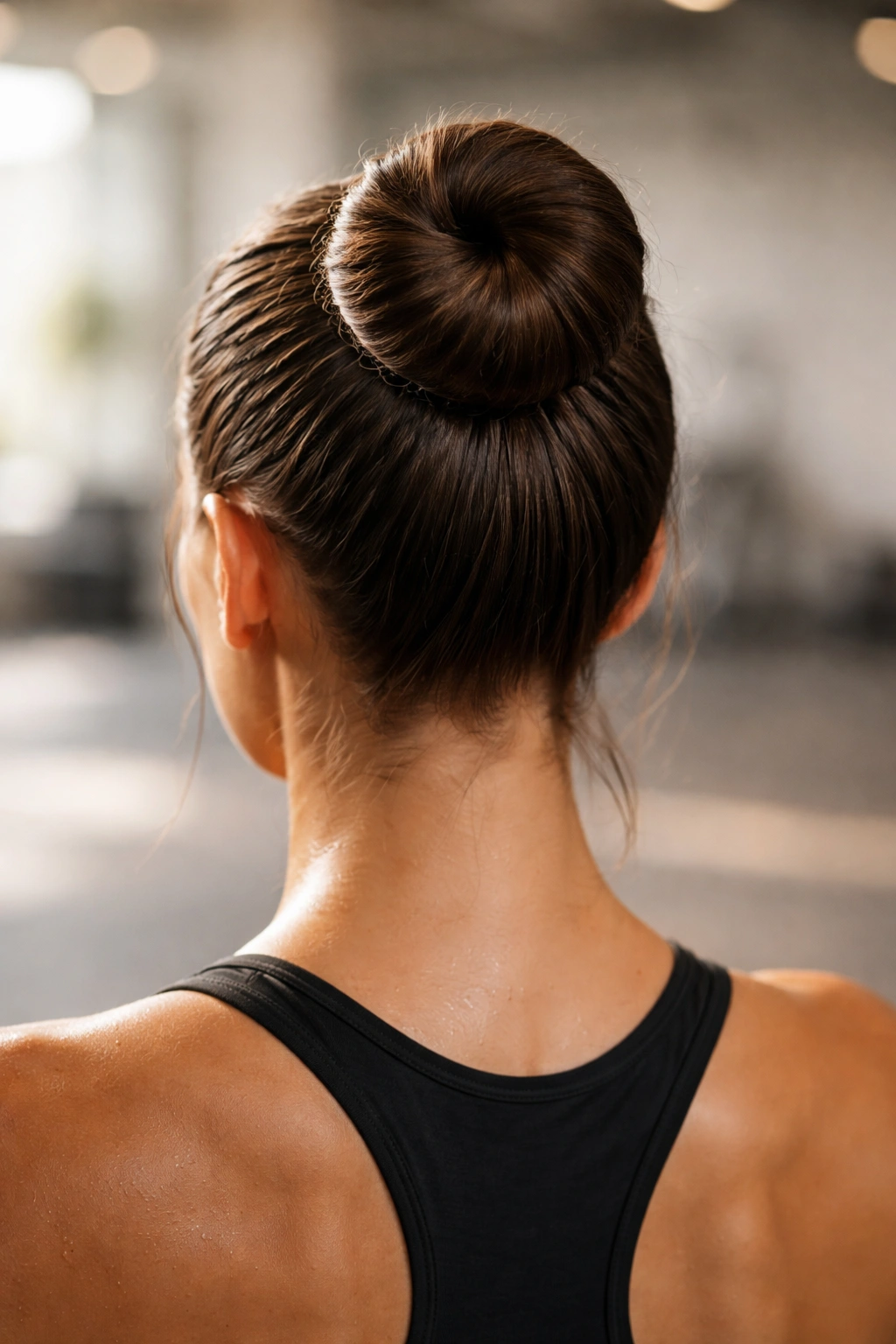 Close-up of a gym-proof cinched bun centered on the crown with hidden elastic