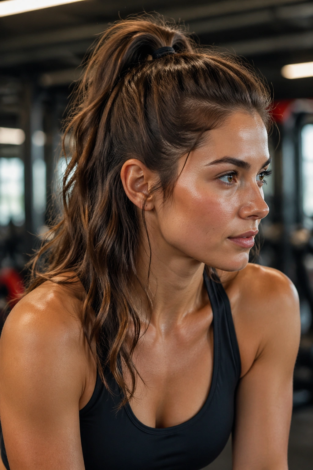 Real woman in gym with secured half-up ponytail