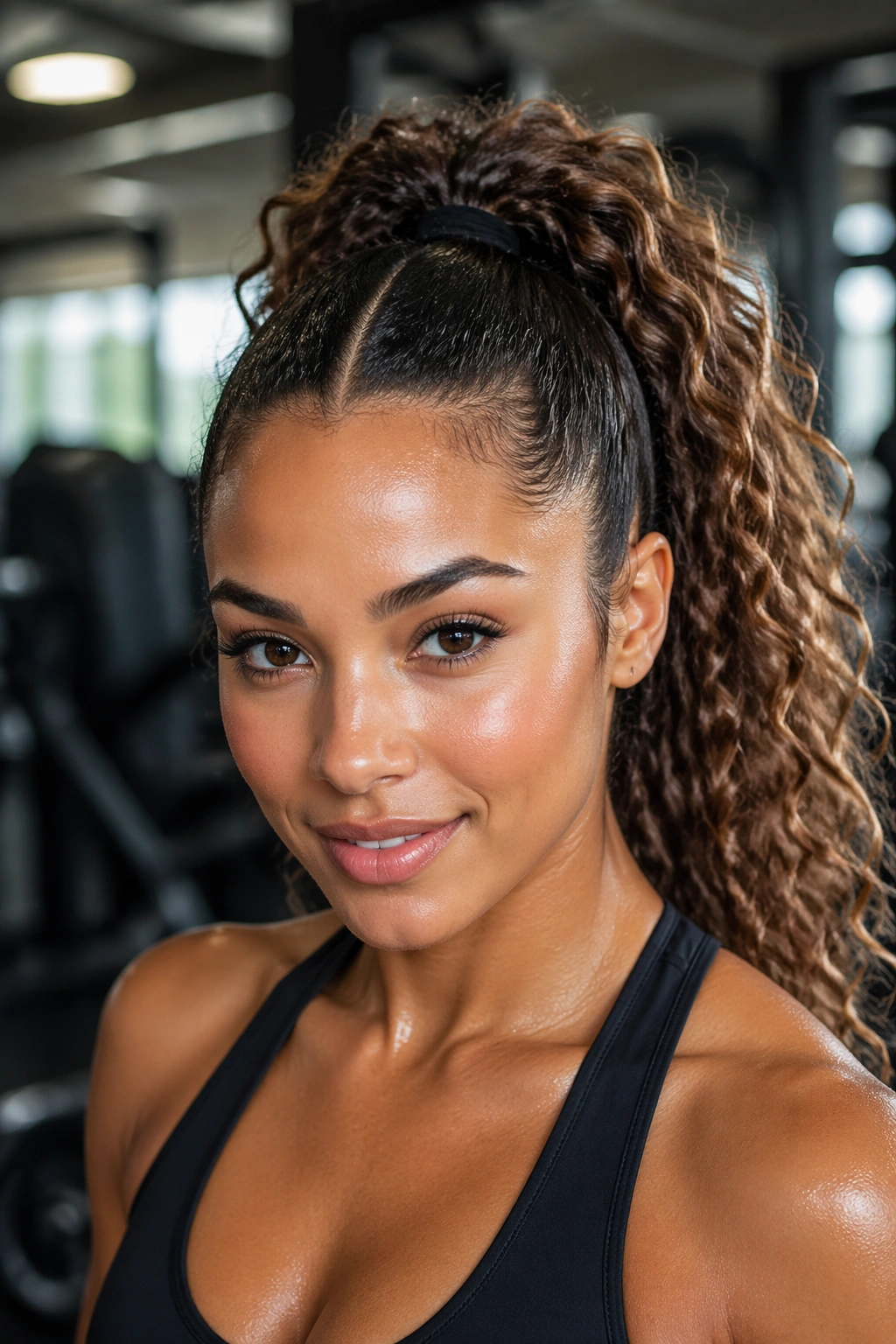 Real woman with gym-ready high V-part ponytail in a gym setting