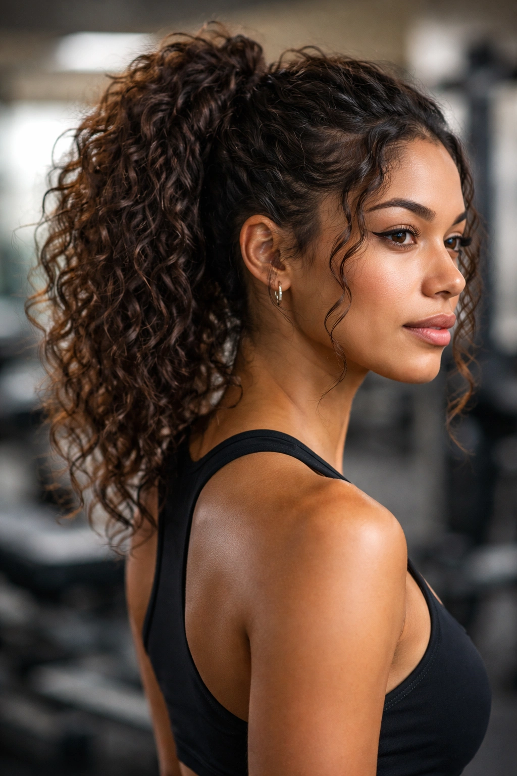 Close-up of a real woman with a messy gym ponytail that still looks styled