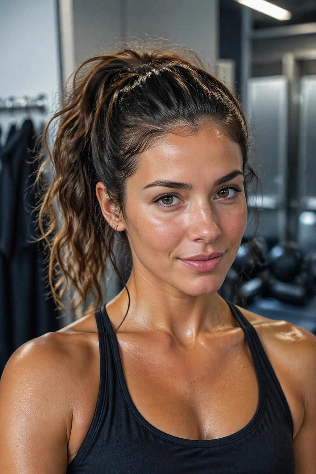 Close-up of a real athlete with a textured gym ponytail