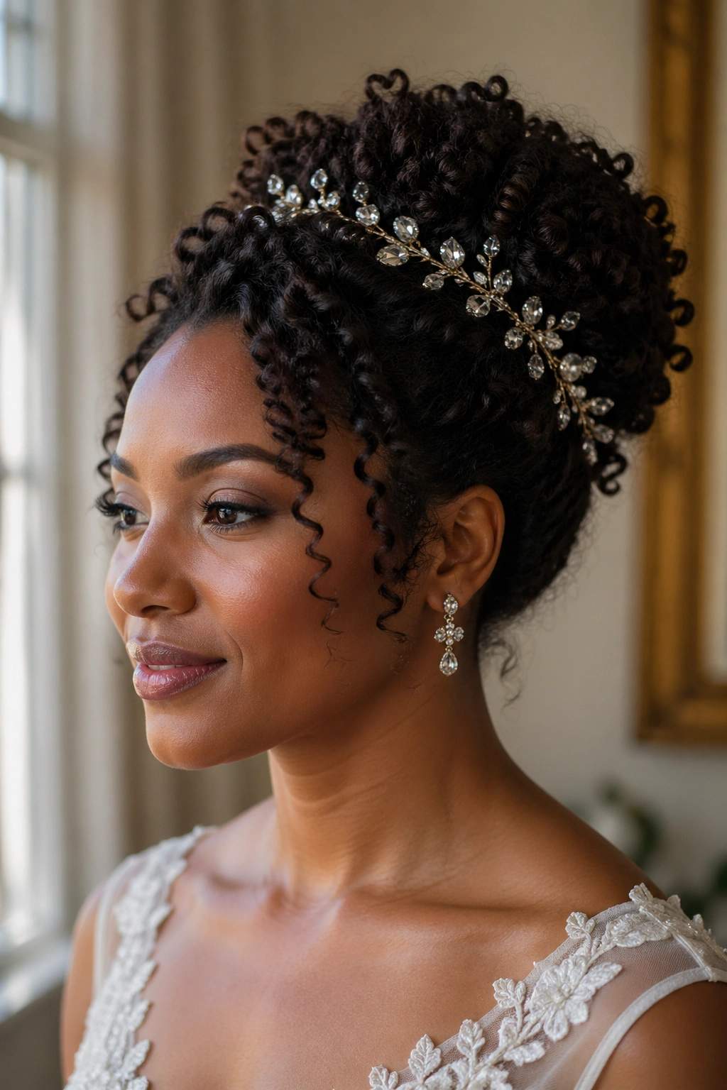 Bride with crystal pins in curly updo