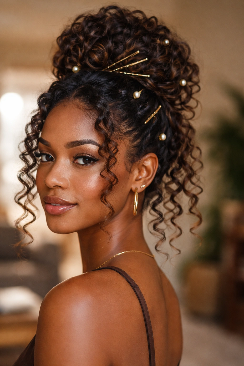 Close-up of a woman's bun with hanging curls adorned with gold pins and pearl pins