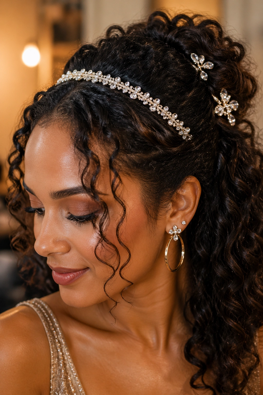 Real person wearing jeweled hair accessories transforming their curl style