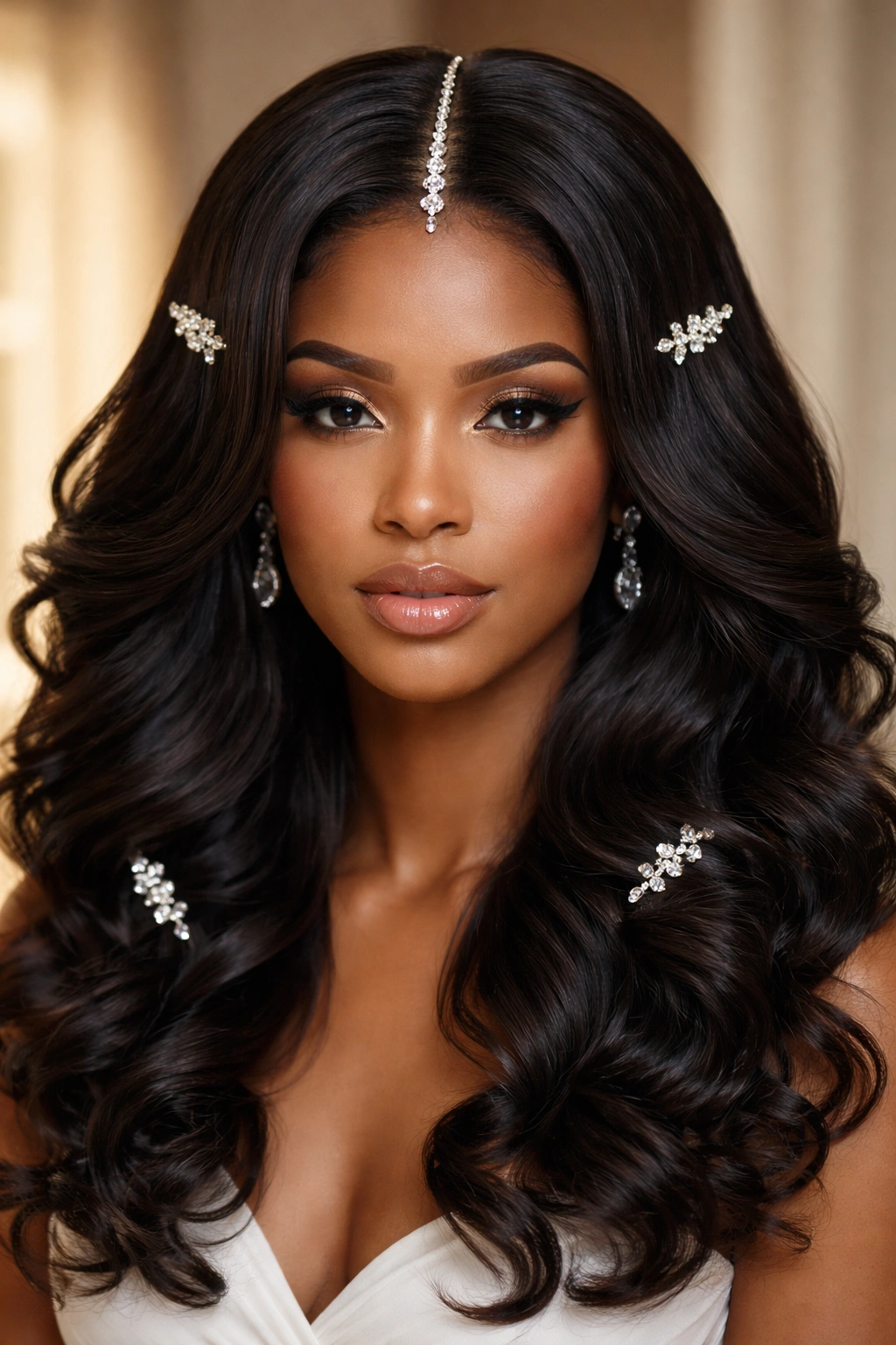 Real woman with center-part silk press and decorative hair accessories along the part