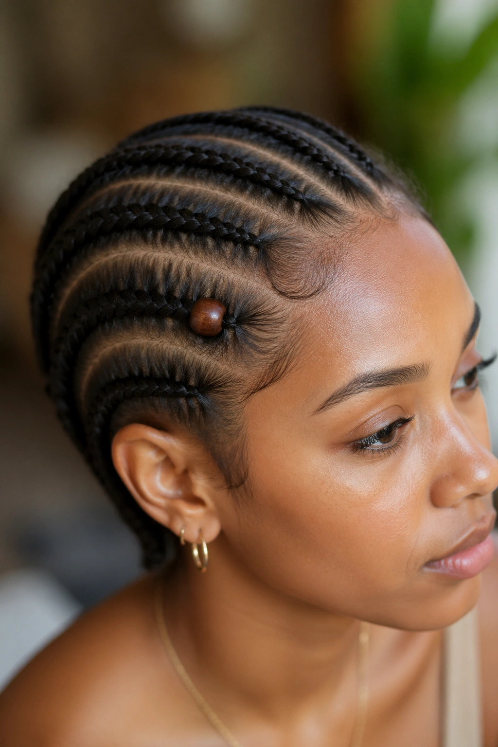 Single wooden bead accent on cornrow in a real person's hair