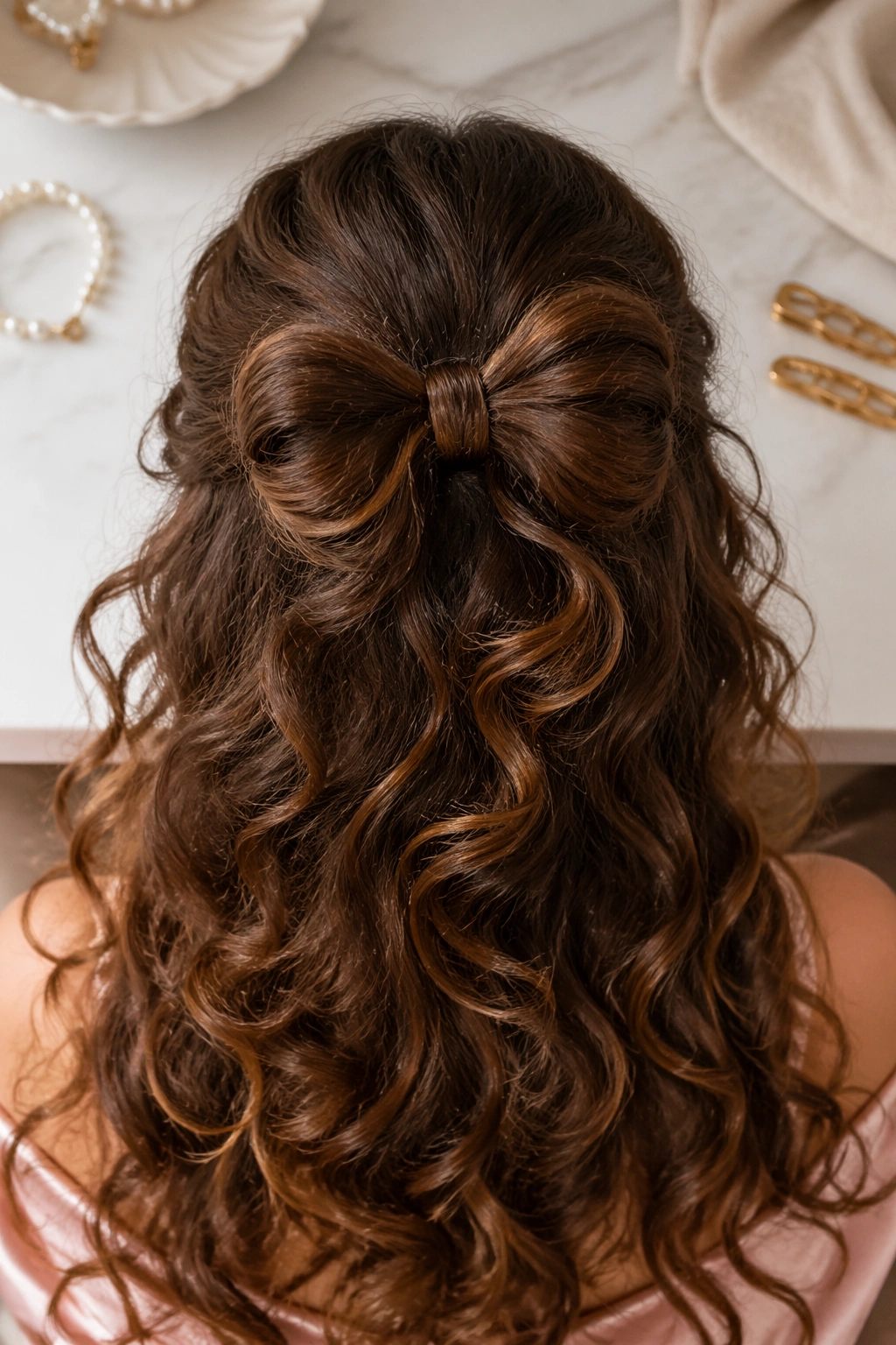 Overhead flat-lay showing a soft bow formed from hair with loose curls.