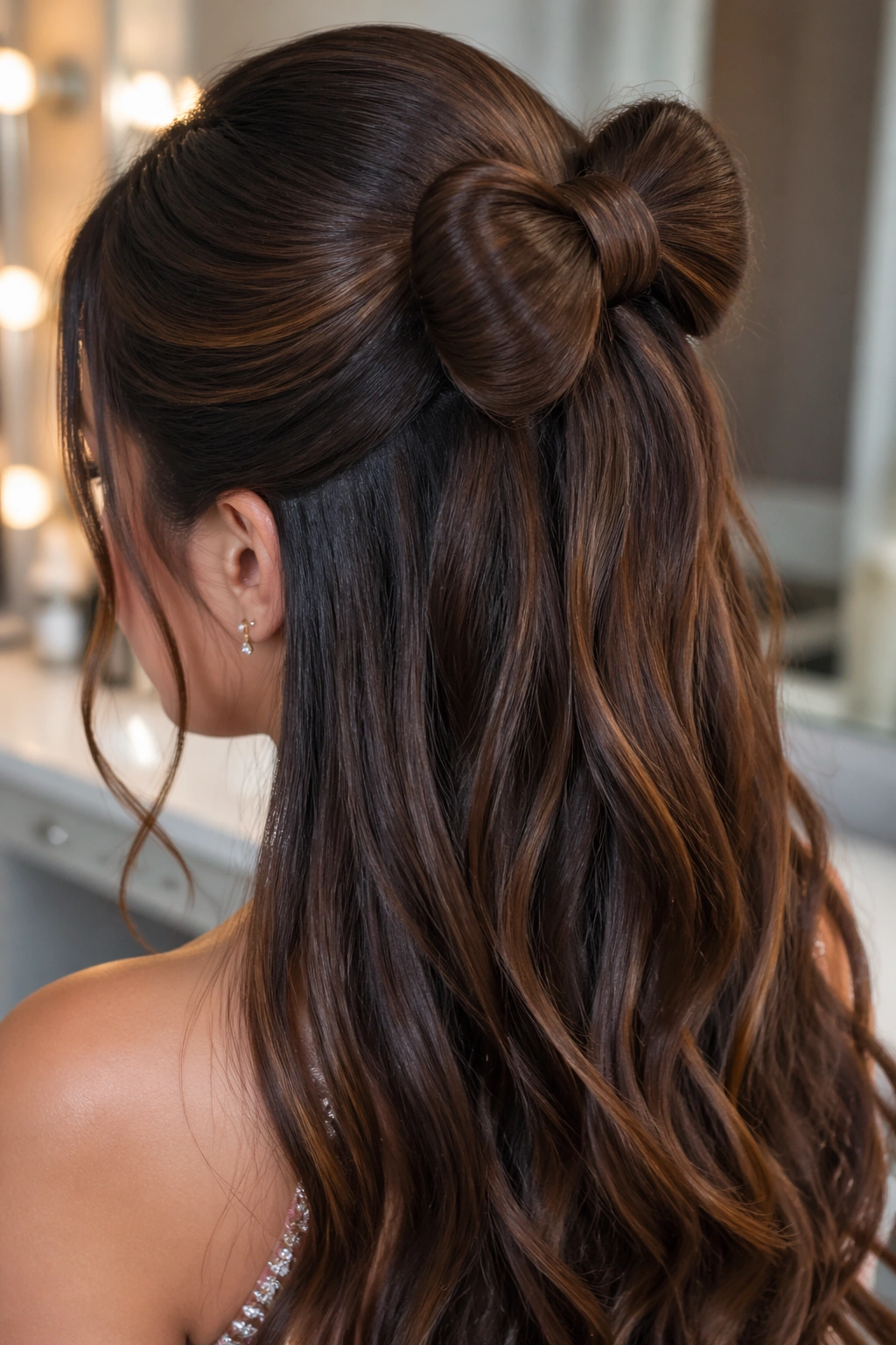 Close-up portrait of a real woman with a hair bow half-up