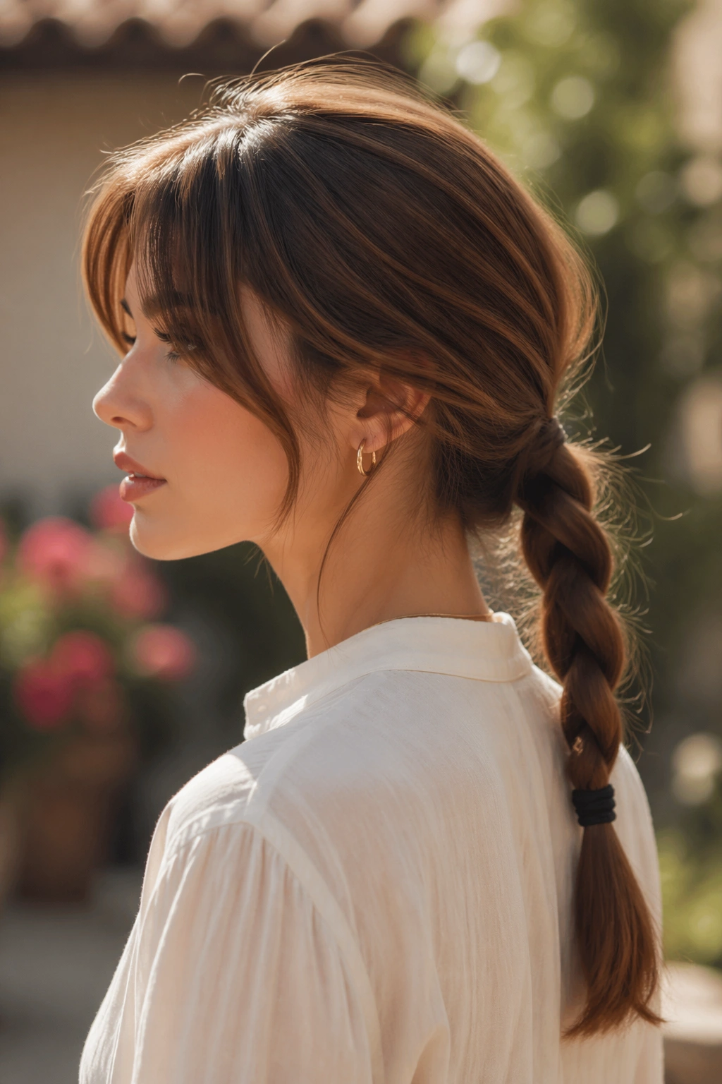 Side profile of braided low ponytail with curtain bangs in a garden.