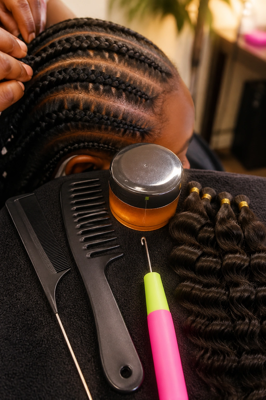 Close-up of hair braiding tools used for butterfly cornrows in a salon setting.