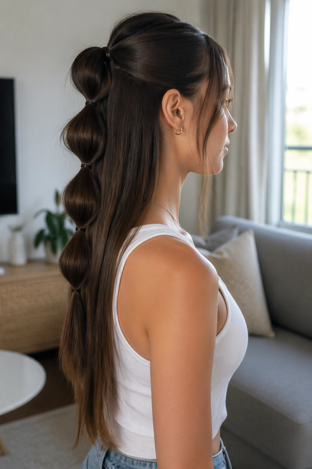 Bubble half pony hairstyle in side profile