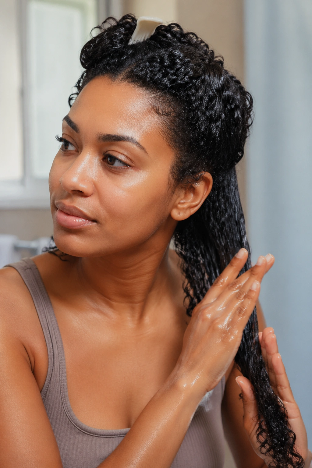 Close-up of a real woman applying moisturizer to curly hair in a bathroom