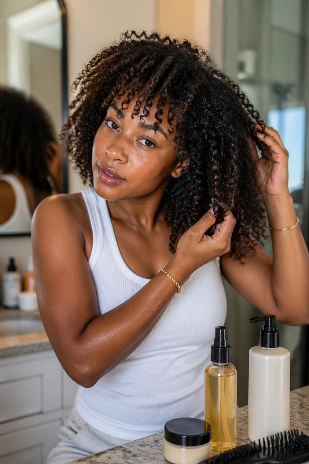 Portrait of a person at styling station with hair in focus