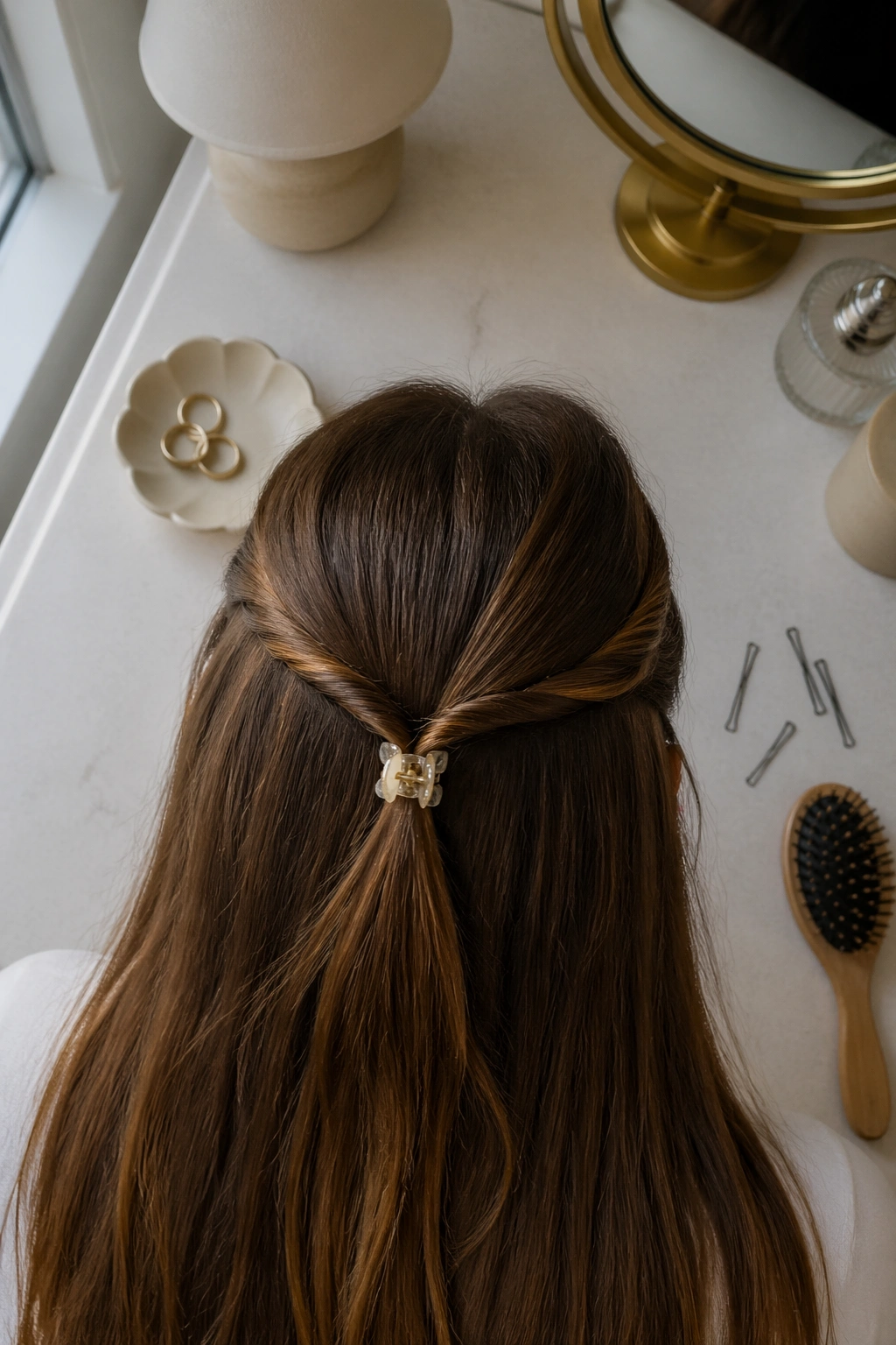 Mini claw clip half up flat lay with hair tools