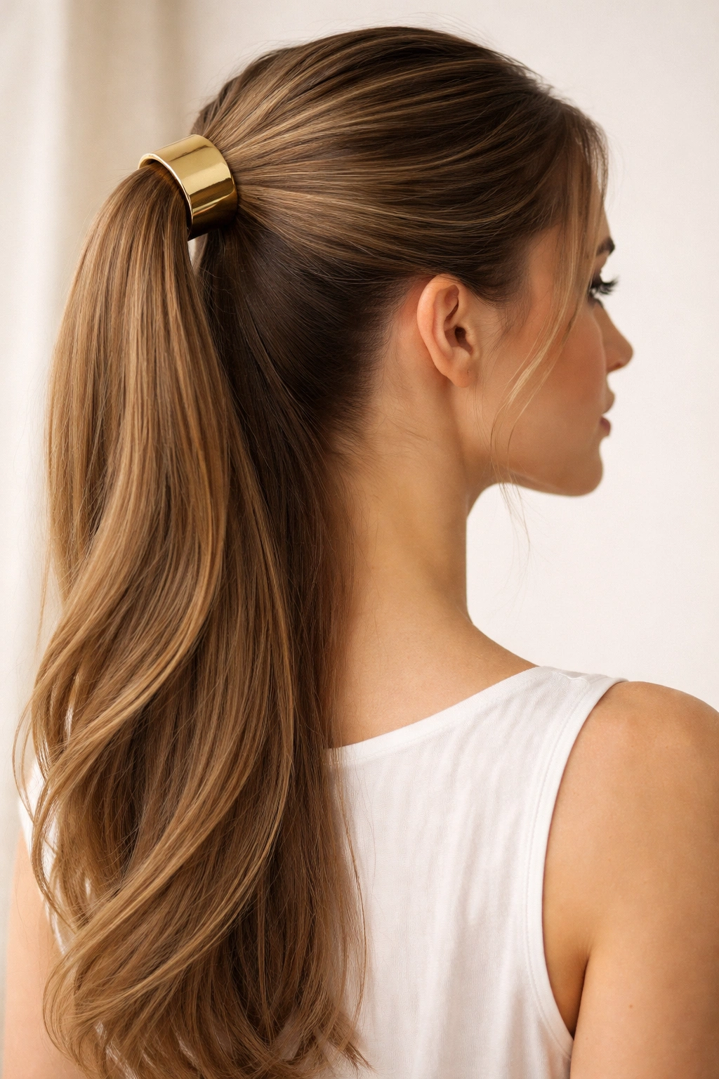 Side view of a half pony secured with a hair cuff around the base